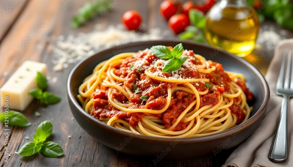 Traditional Spaghetti Bolognese on Rustic Wooden Table Traditional Spaghetti Bolognese on Rustic Wooden Table
