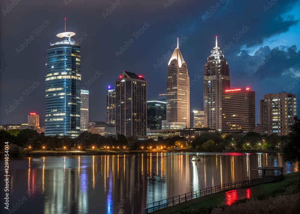 Naklejka premium A night-time shot of a famous landmark with lights shining brightly