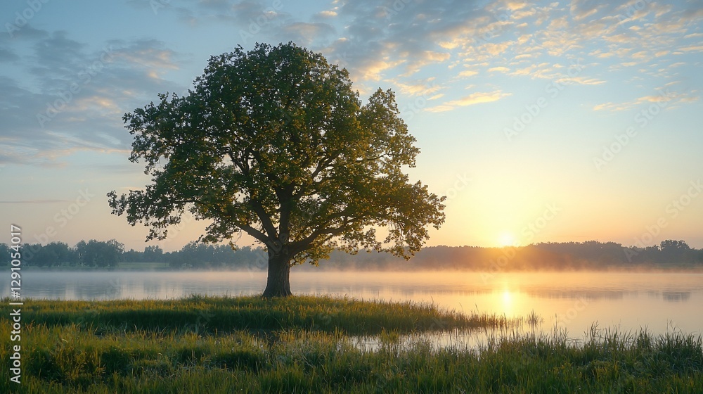 Sunrise over tranquil lake with solitary tree. Sunrise over tranquil lake with solitary tree.