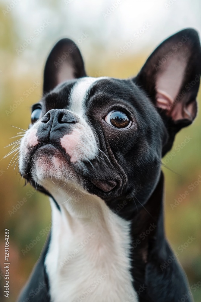 A curious canine looks up at something interesting A curious canine looks up at something interesting