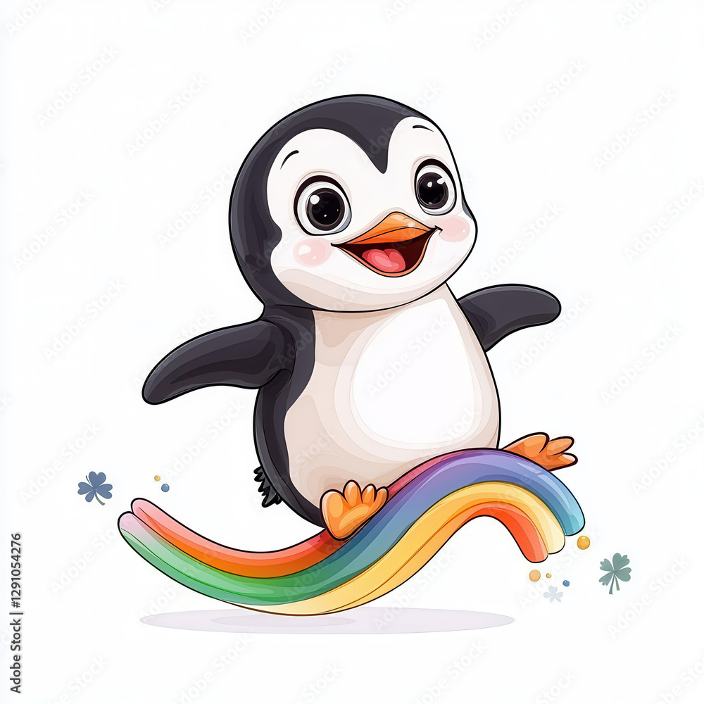 Fototapeta premium cheerful penguin sliding on colorful rainbow, spreading joy and fun