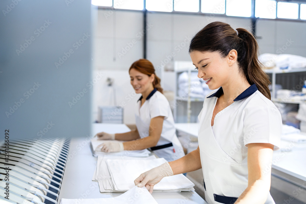 Fototapeta premium Female laundry workers folding linen and bedsheets after ironing in dry cleaning service.