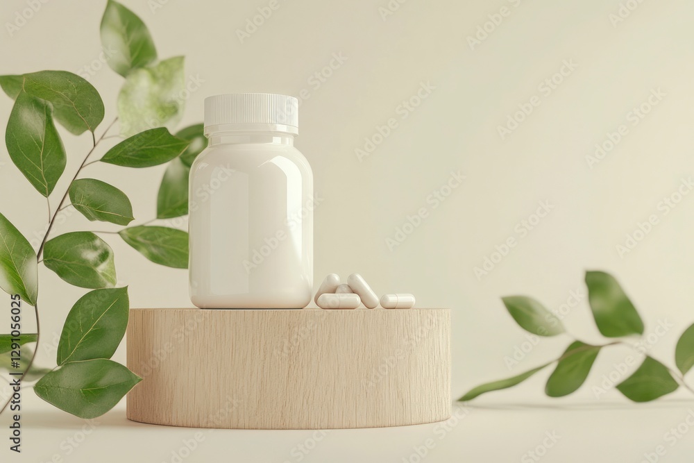 Supplement white bottle with herbal pills on wooden podium. Vitamins bottle mockup with pills and green leaves on beige background, organic medication. Natural herbal vitamins, healthy lifestyle. Supplement white bottle with herbal pills on wooden podium. Vitamins bottle mockup with pills and green leaves on beige background, organic medication. Natural herbal vitamins, healthy lifestyle.