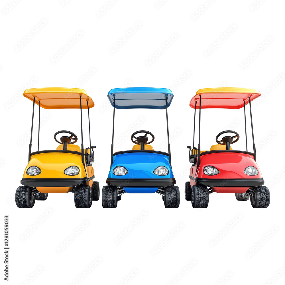 Obraz premium Colorful golf carts lined up for a fun day on the course with bright colors and playful design, Golf Carts on transparent background