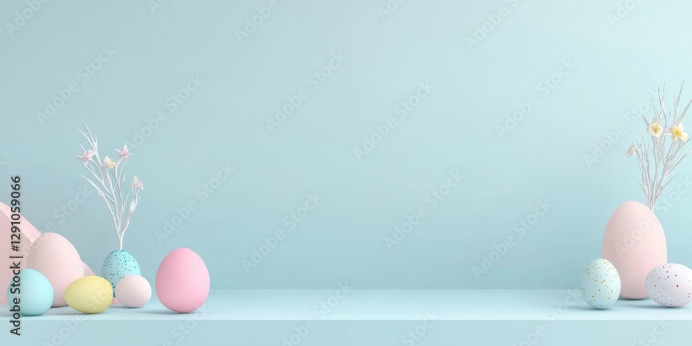 3d background minimalistic mockup with space for text, modern flat-style Easter design with simplified geometric shapes and bright pastel colors