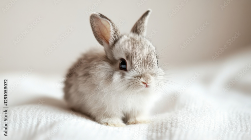 Adorable fluffy baby rabbit sitting on a soft white blanket with a playful expression and bright eyes Adorable fluffy baby rabbit sitting on a soft white blanket with a playful expression and bright eyes