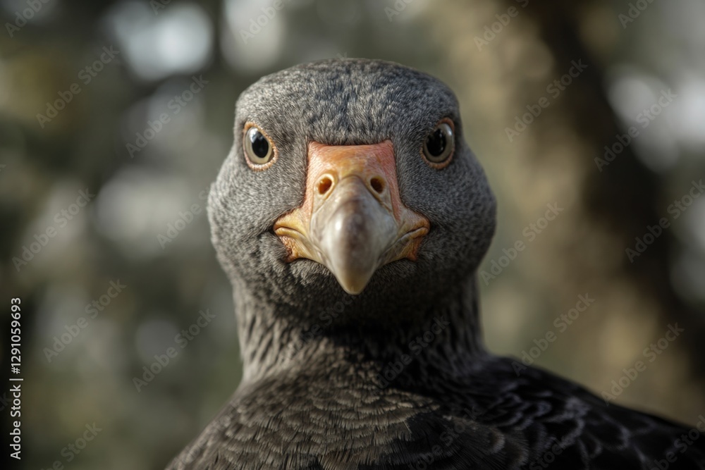 A close-up view of a bird's face with trees in the background, suitable for use in nature or wildlife photography A close-up view of a bird's face with trees in the background, suitable for use in nature or wildlife photography