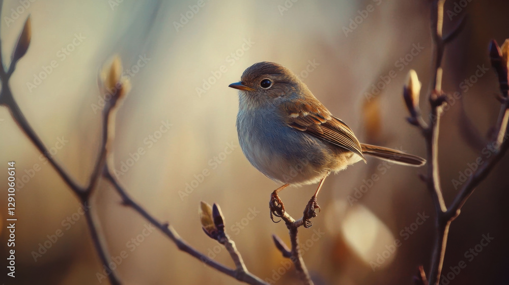 Small Brown Bird Sitting on Tree Branch with Soft Background Blurring in Early Morning Light Small Brown Bird Sitting on Tree Branch with Soft Background Blurring in Early Morning Light
