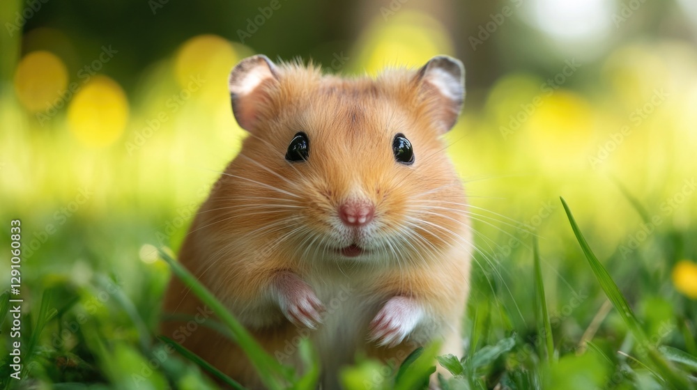 A hamster stands upright in the grass, showcasing its unique ability to balance on its hind legs A hamster stands upright in the grass, showcasing its unique ability to balance on its hind legs
