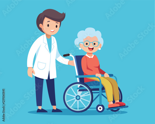 cartoon style of elderly woman in a wheelchair and a male young doctor vector illustration. Helping Hands, Caring Hearts