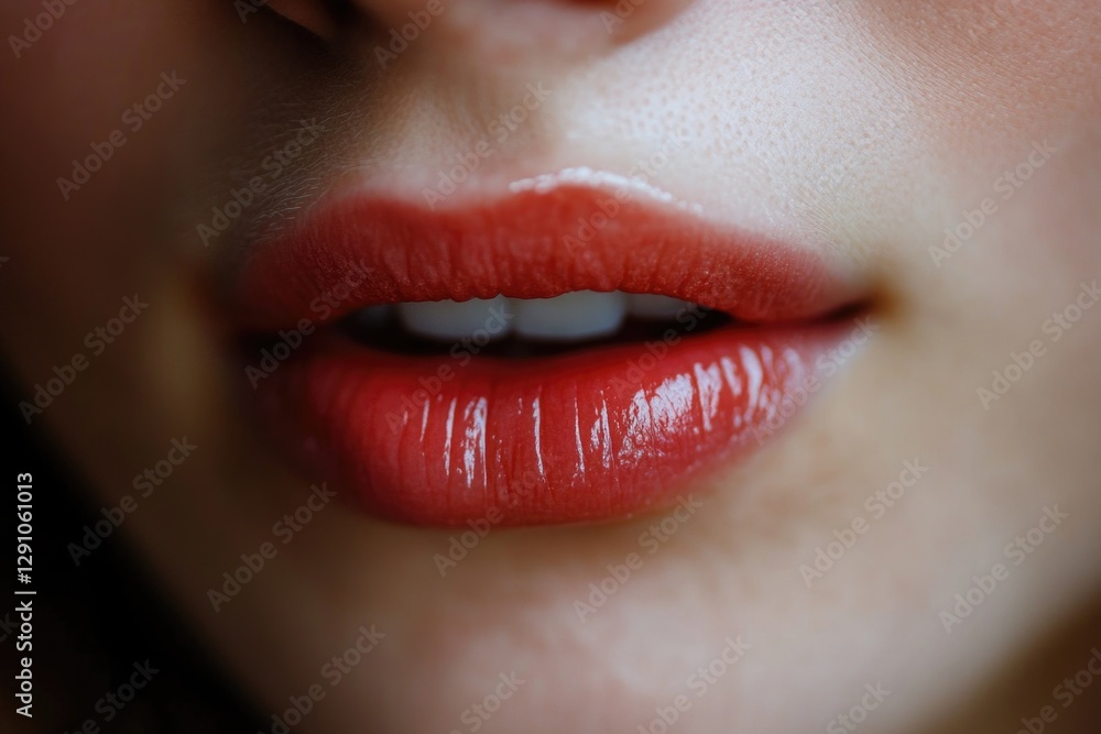 Close-up shot of a woman's lips painted with bright red lipstick, perfect for beauty and cosmetics ads Close-up shot of a woman's lips painted with bright red lipstick, perfect for beauty and cosmetics ads
