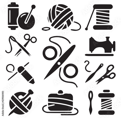Handmade Craft Icons (Needle, Thread) Different 
 Silhouette Vector on a White Background
