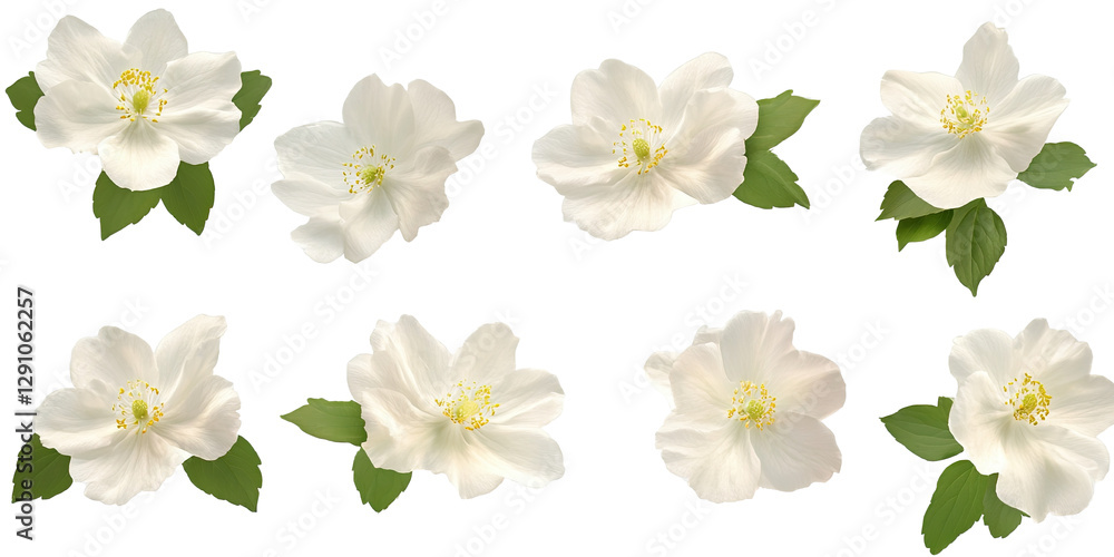 A collection of beautiful white flowers with green leaves, perfect for nature-themed projects and designs. A collection of beautiful white flowers with green leaves, perfect for nature-themed projects and designs.