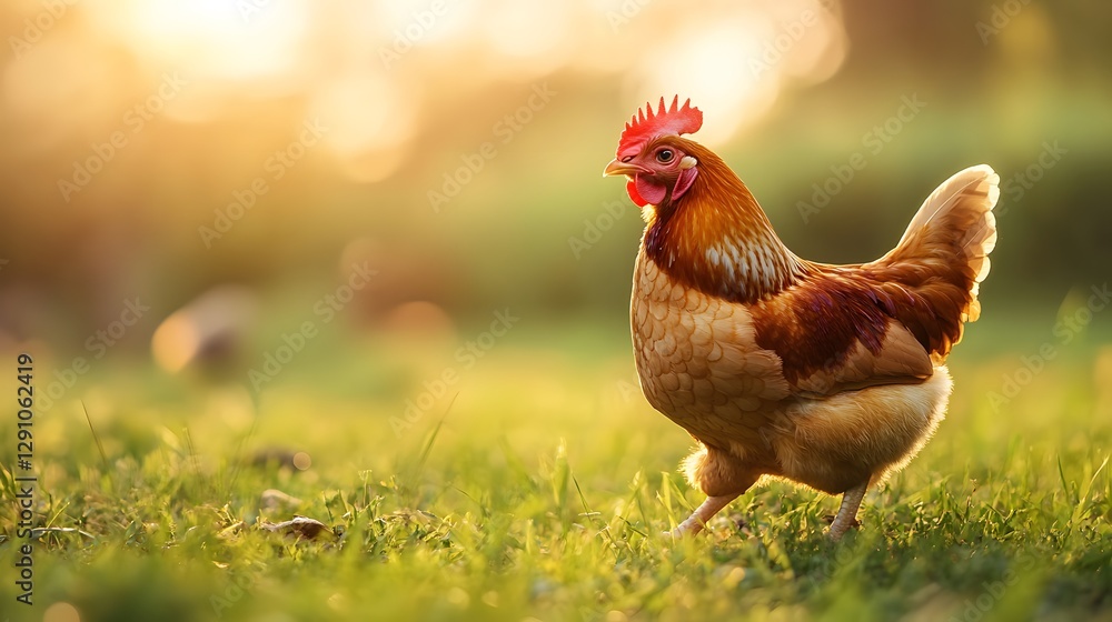 Fototapeta premium A beautiful chicken foraging in lush green grass under bright sunlight in a serene farm environment