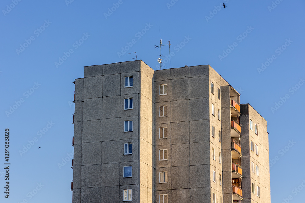 Facade of Great Panel type of apartment building in Goclaw area of Warsaw, Poland
