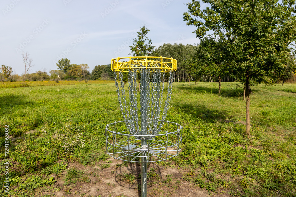 Disc golf basket in Wawer district of Warsaw city, capital of Poland