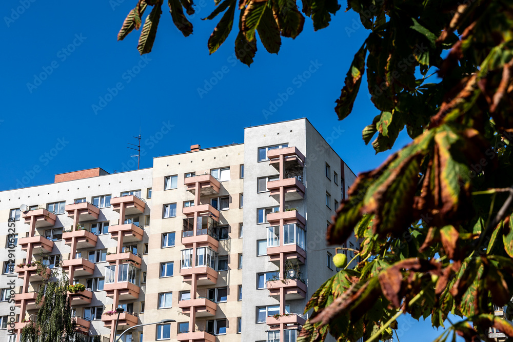 Facade of Great Panel type of apartment building in Goclaw area of Warsaw, Poland