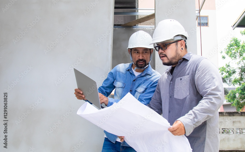 Team of Asian foremen, or head engineers construction supervisors wearing white helmet hold blueprints inspect building in workplace site, Professional supervisors discuss or solving problem concept Team of Asian foremen, or head engineers construction supervisors wearing white helmet hold blueprints inspect building in workplace site, Professional supervisors discuss or solving problem concept