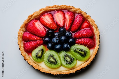 Colorful fruit tart featuring strawberries, blueberries, and kiw