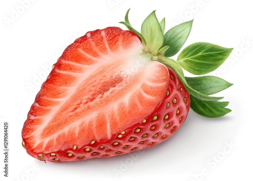 Fresh half strawberry isolated on a transparent background, showcasing vibrant red color and green leaves, Half strawberry isolated on transparent background