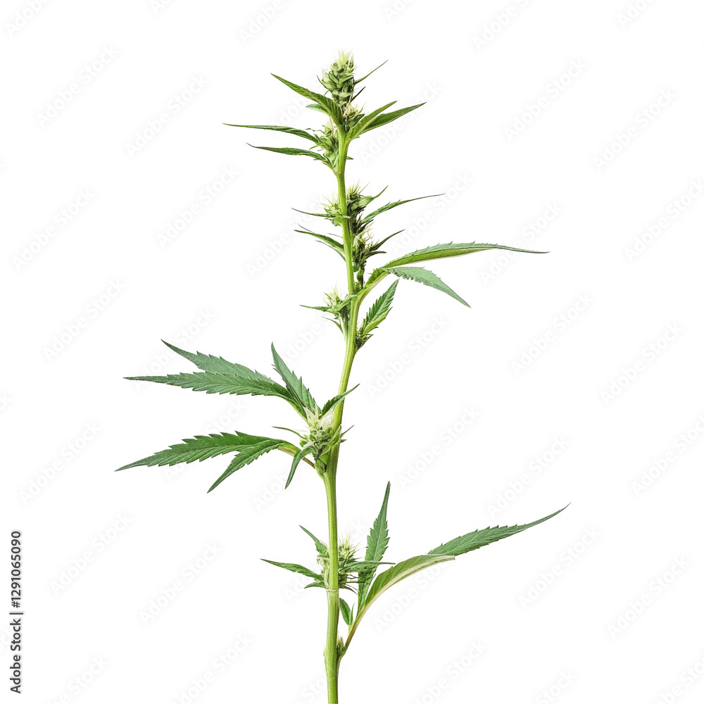 Fototapeta premium Young hemp plant with developing buds in bright lighting against a transparent background, hemp plant with young bud on transparent background