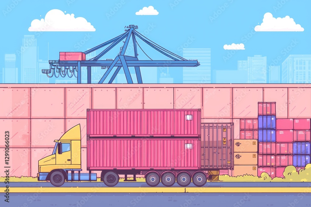 Truck Hauling Shipping Containers at Port Urban Cityscape Background Truck Hauling Shipping Containers at Port Urban Cityscape Background