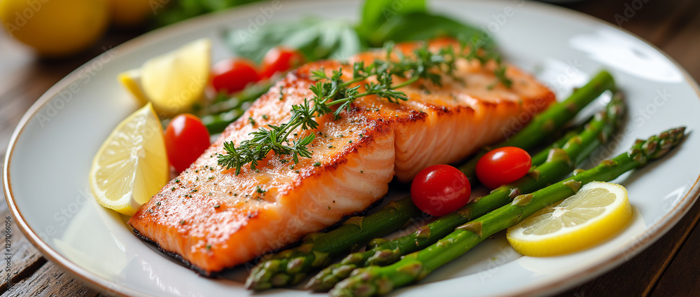 Fried salmon steak with cooked green asparagus, cherry tomatoes and lemon slices served on white plate Fried salmon steak with cooked green asparagus, cherry tomatoes and lemon slices served on white plate