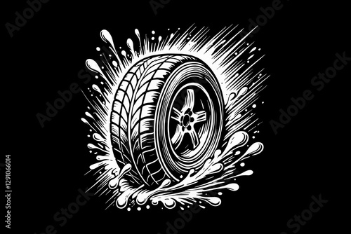 racing car tire dark art black and white illustration design