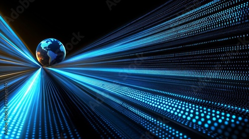 3D Rendering of globe planet in digital dots geometry form and abstract stream of binary data