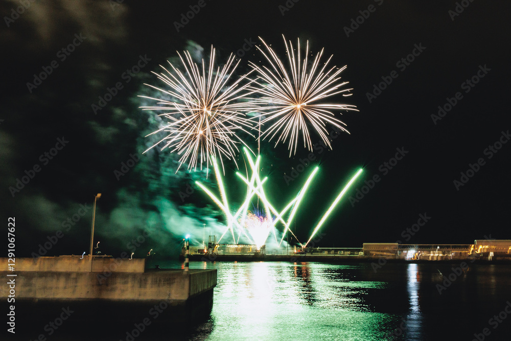 Fireworks during Atlantic Festival in Funchal city, capital of Madeira Island, Portugal