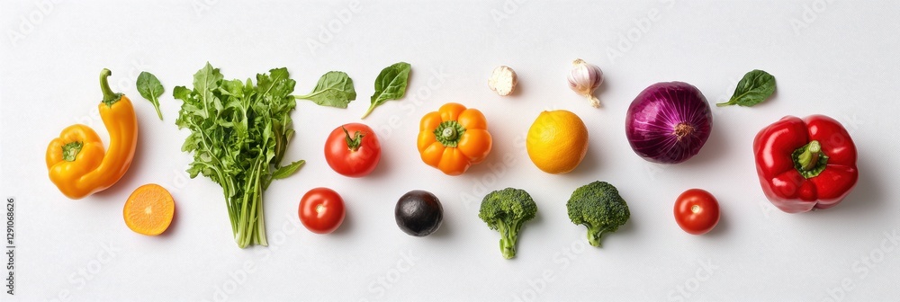 Aesthetic arrangement of colorful vegetables in a flat lay style on a white background Aesthetic arrangement of colorful vegetables in a flat lay style on a white background