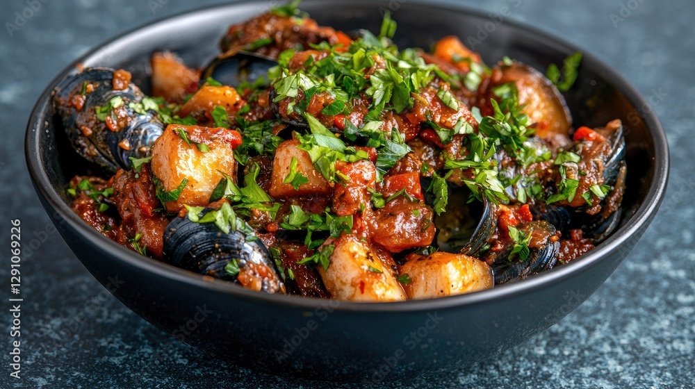 Delicious Seafood Stew in Bowl on Dark Surface Delicious Seafood Stew in Bowl on Dark Surface