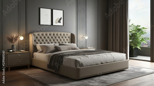 Modern bedroom with elegant decor and city view