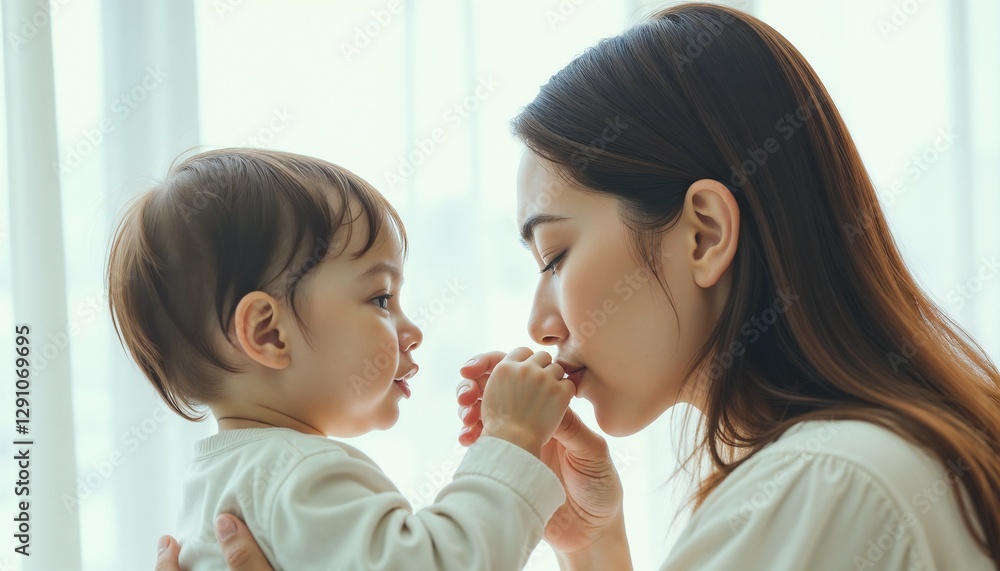 Mother kissing baby's hand, tender moment against bright window light Mother kissing baby's hand, tender moment against bright window light