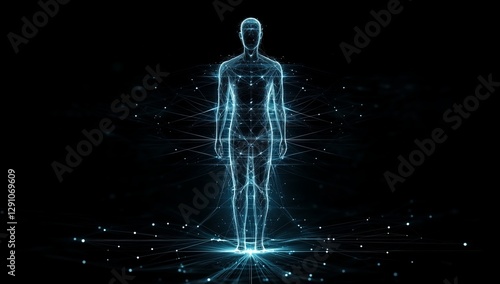 A holographic human body composed of digital particles in a dark high-tech environment, symbolizing AI-driven medical advancements, digital identity and futuristic biotechnology