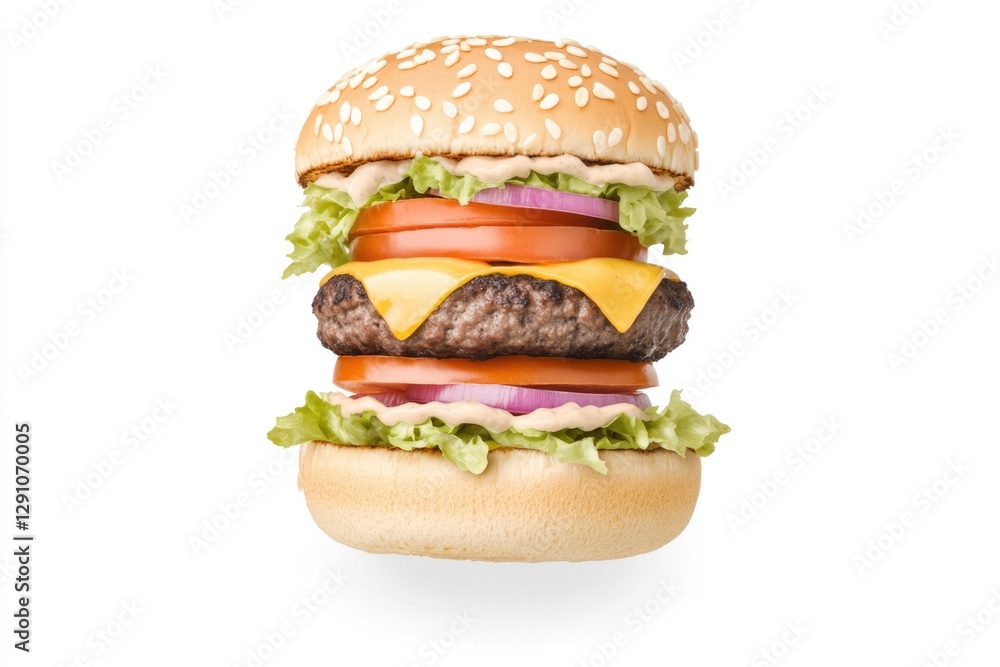 Juicy burger stacked high with fresh ingredients, showcasing vib Juicy burger stacked high with fresh ingredients, showcasing vib