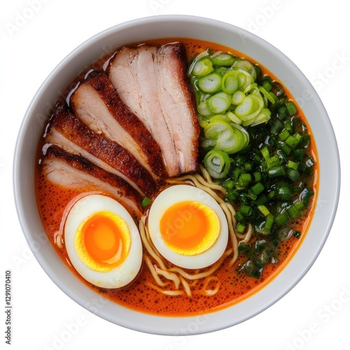 Rich bowl of ramen featuring tender pork, vibrant eggs, and fres