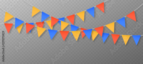 Colorful triangle flag garlands - festive bunting with red, blue and yellow pennants on white string with shadows. 3d party decorative banners for birthday celebration, carnival or fun fair events.
