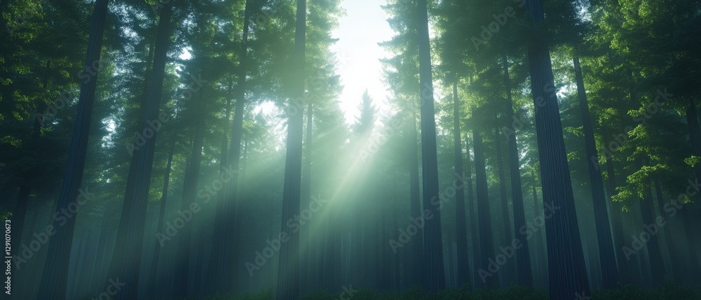 Naklejka premium Sunbeams filtering through the Trees in a Forest