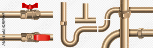 Golden plumbing pipes and connectors set - straight tubes, curved elements, valves with red handles in 3d style. Realistic copper segments, joints, fixtures for construction water supply system.