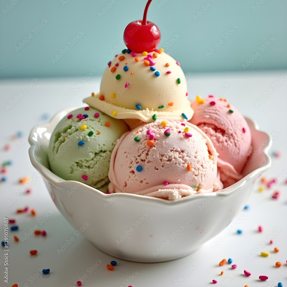 Delightful ice cream sundae, perfect for food blogs, restaurant menus, or any project needing a sweet, summery vibe. A vibrant, high-resolution image showcasing creamy scoops of vanilla, strawberry, Delightful ice cream sundae, perfect for food blogs, restaurant menus, or any project needing a sweet, summery vibe. A vibrant, high-resolution image showcasing creamy scoops of vanilla, strawberry,
