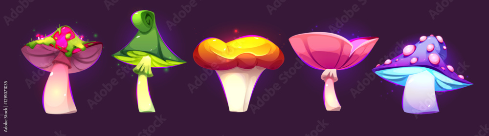 Obraz premium Fantasy magic neon glowing mushroom collection - spotted pink toadstool, curled green cap, luminous orange fungus, rosy cap, purple dotted variety. Mystical forest elements for enchanted game design.