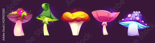 Fantasy magic neon glowing mushroom collection - spotted pink toadstool, curled green cap, luminous orange fungus, rosy cap, purple dotted variety. Mystical forest elements for enchanted game design.