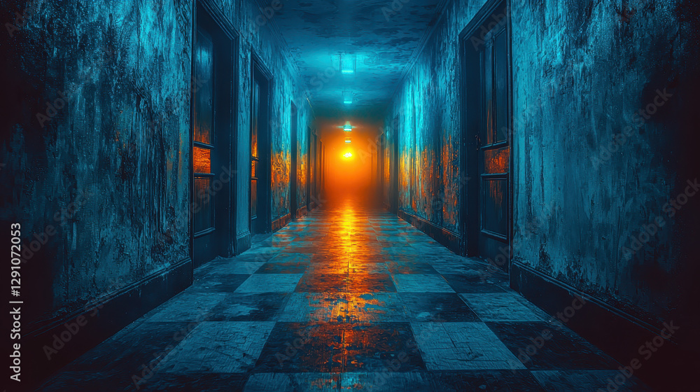 Endless hallway with flickering lights and mysterious doors evokes fear of the unknown Endless hallway with flickering lights and mysterious doors evokes fear of the unknown