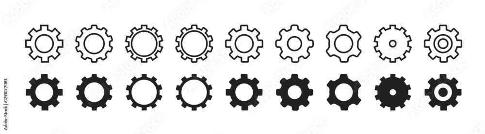 Set of gears icons. cogwheel vector collection, mechanical gear shapes, engineering symbols, industrial machinery, sprocket designs Set of gears icons. cogwheel vector collection, mechanical gear shapes, engineering symbols, industrial machinery, sprocket designs
