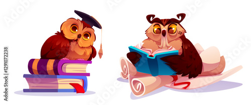 Cute owl characters studying - graduate bird perched on stack of colorful books, wise fowl reading blue textbook sitting on parchment scrolls. Educational mascots for library and learning design.