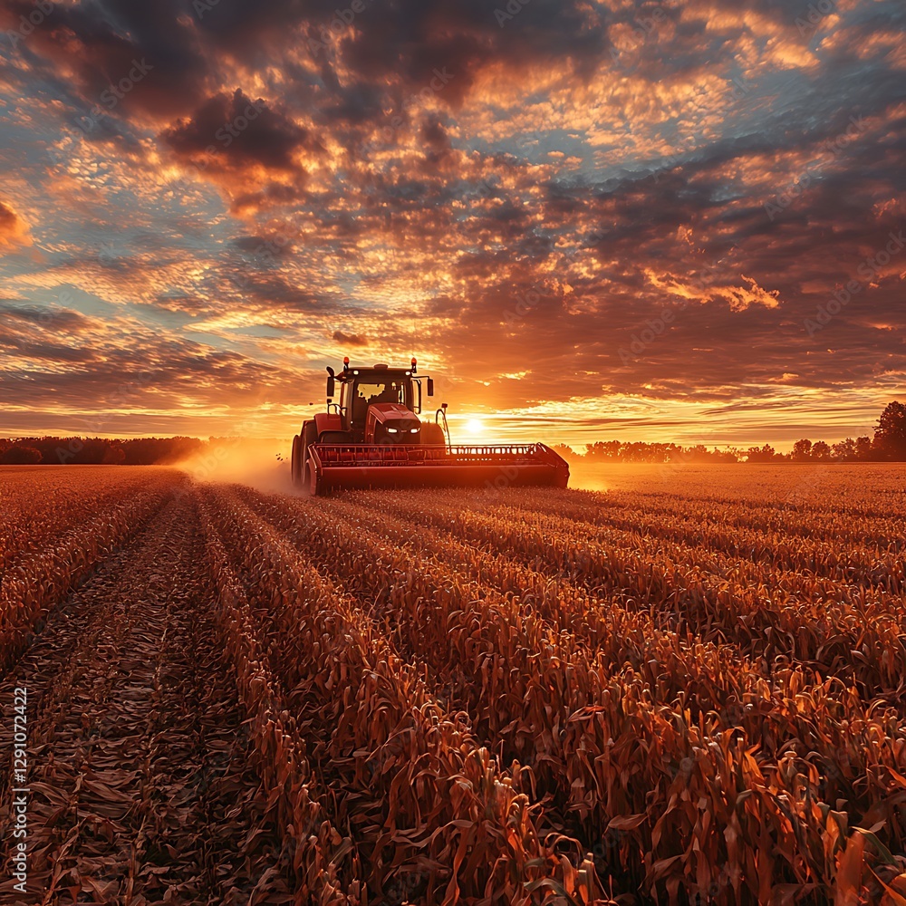 A red tractor harvests crops during the sunsets golden hour A red tractor harvests crops during the sunsets golden hour