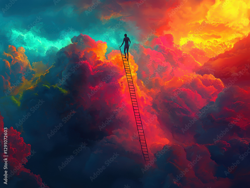 Climbing a ladder of courage towards a vibrant horizon beyond the clouds, where fears are left behind in a realm of celestial surrealism