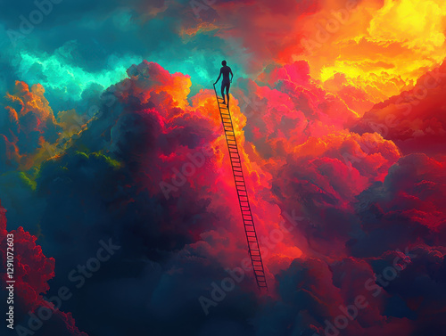 Obraz na płótnie Climbing a ladder of courage towards a vibrant horizon beyond the clouds, where fears are left behind in a realm of celestial surrealism w salonie