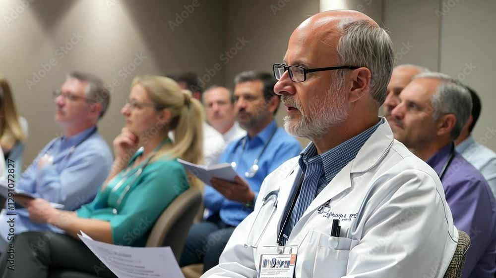 A healthcare seminar discussing patient safety and quality care improvements, with doctors in attendance. A healthcare seminar discussing patient safety and quality care improvements, with doctors in attendance.